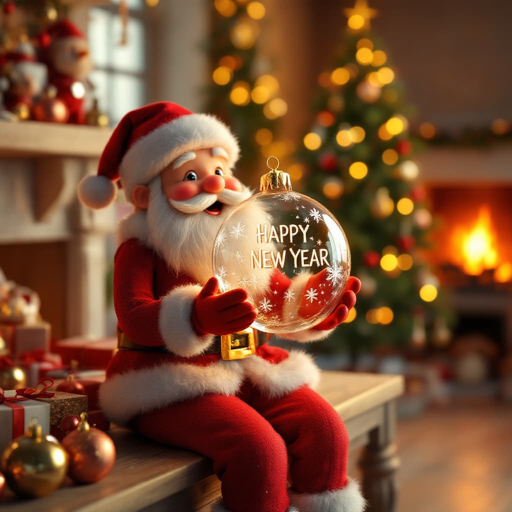 AI generated: A 3D representation of a real scene of Santa Claus sitting on a shelf. Santa Claus is holding a tran...
