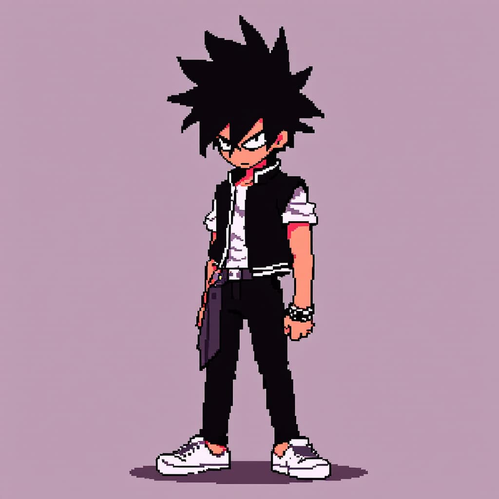 AI generated:  pixel art style of Kilik Rung from Soul Eater wearing  black vest jacket with a white long sleeve w...