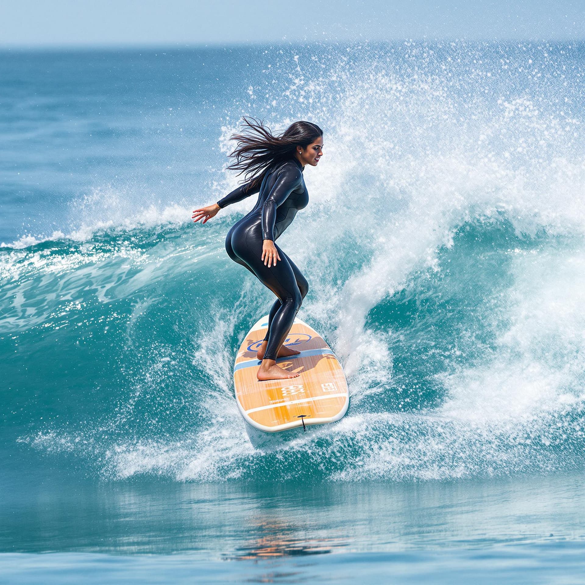 AI generated: The image features a Indian woman riding a wave on a surfboard. She is skillfully navigating the wav...