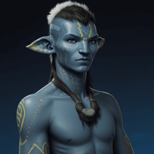 AI generated: male na'vi character, omatikaya, blue skin, avatar na'vi, james cameron, 2009, serious