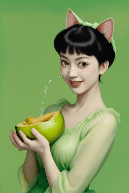 AI generated: cat hold a  cantaloupe juice,  cantaloupe fruits, laughing, funny and commercial. light green backgr...