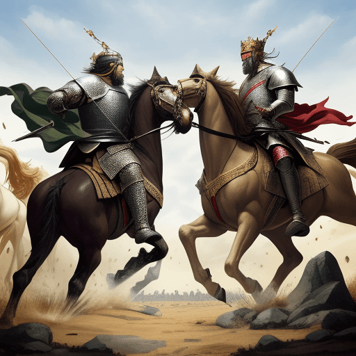 AI generated: two kings facing each other in the middle of battle with troops using swords, horses and arrows