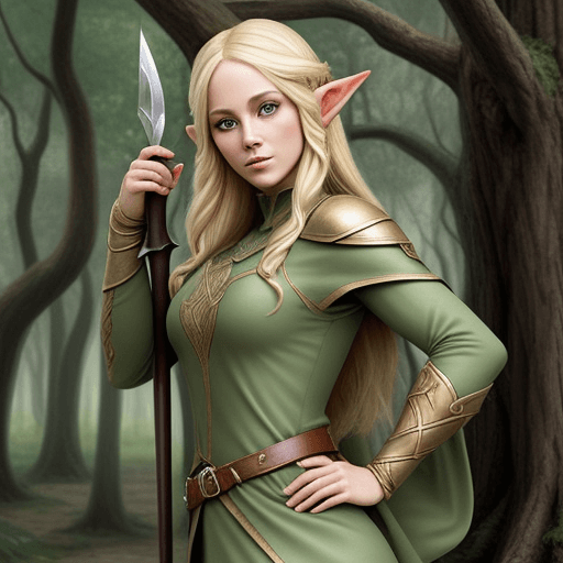 AI generated: Blonde elven ranger hiding behind trees and holding two daggers