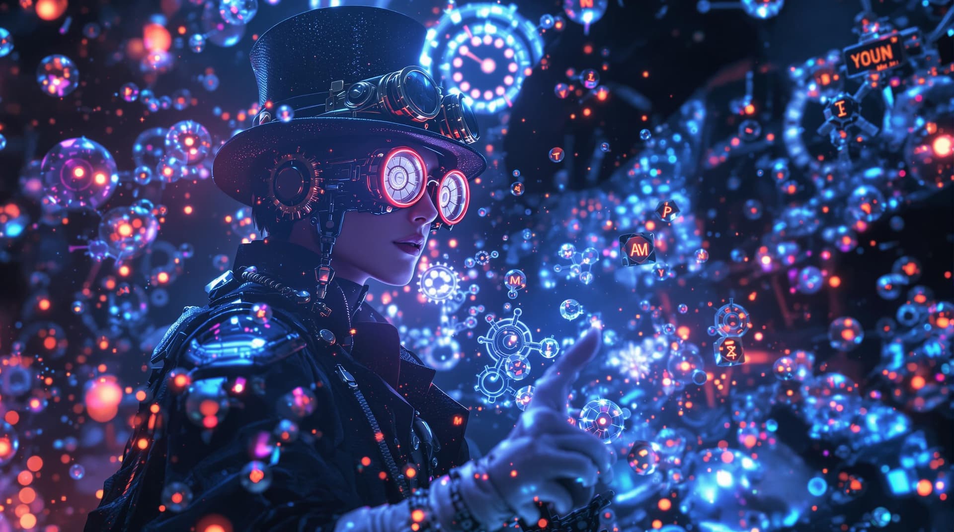 AI generated:  steampunks being teleported to the future, in a collum of glowing  translucent molecules    and par...