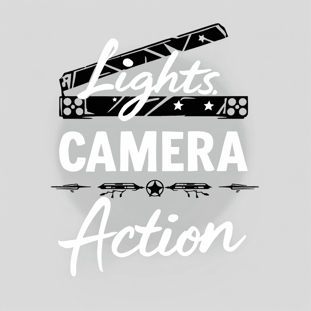 AI generated: Create a high-quality vector-style graphic featuring the phrase "Lights, Camera, Action" as the cent...