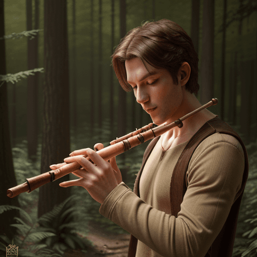 AI generated: an average looking, DnD human, in a forest, plaing a wooden piccolo flute, 4k, photorealistic, mysti...