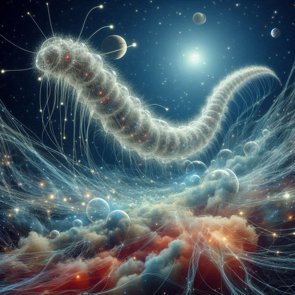 AI generated: In the foreground is a dark worm made of bioluminescent material with organic shapes. The hairy univ...