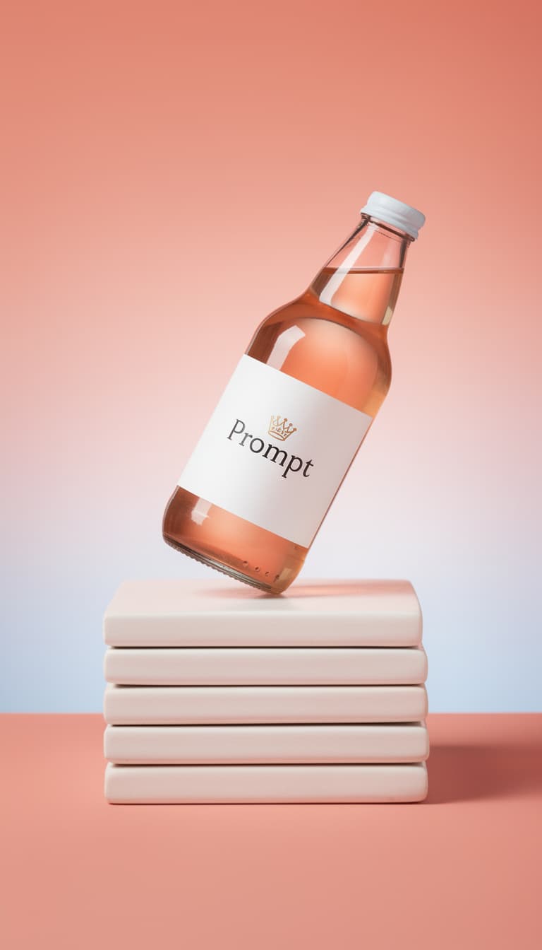 AI generated: This is a vibrant product photography composition featuring a bottle of "Prompt" beverage against a ...