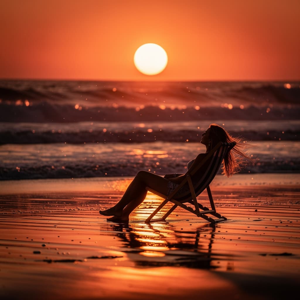 AI generated: cinematic seascape, warm color grading, long-lens compression, straight horizon, large sun near uppe...