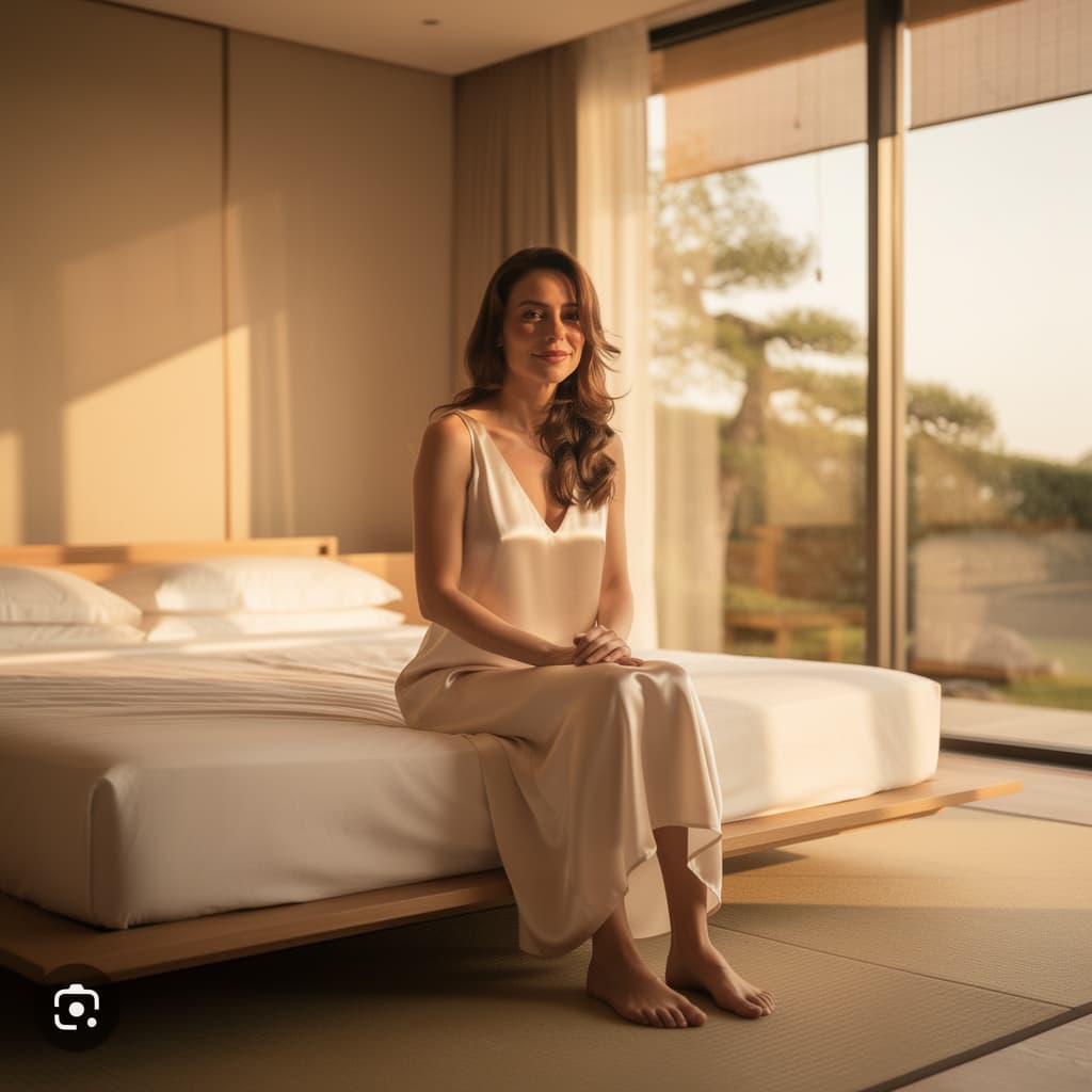 AI generated: In a tranquil minimalist bedroom, a poised woman sits on a low modern platform bed, serene and self ...