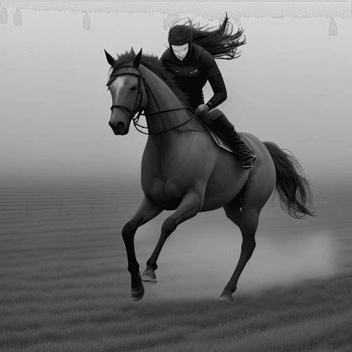 AI generated: field with no threes. a lot of fog. dynamic pose editorial image full body. realistic running gray s...