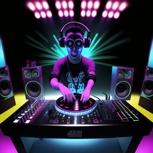 AI generated: head bobbing virtual DJ in front of the mixer and speakers on a table