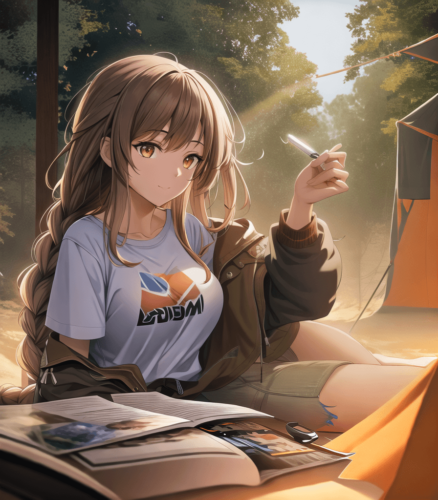 AI generated: perfect anime illustration, 1girl, braided hair, medium breasts, sunrise, camping, tents, jungle, re...