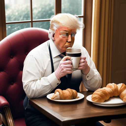 AI generated: Donald Trump sitting on a wooden chair at a breakfast table, holding a cup of coffee and eating a cr...