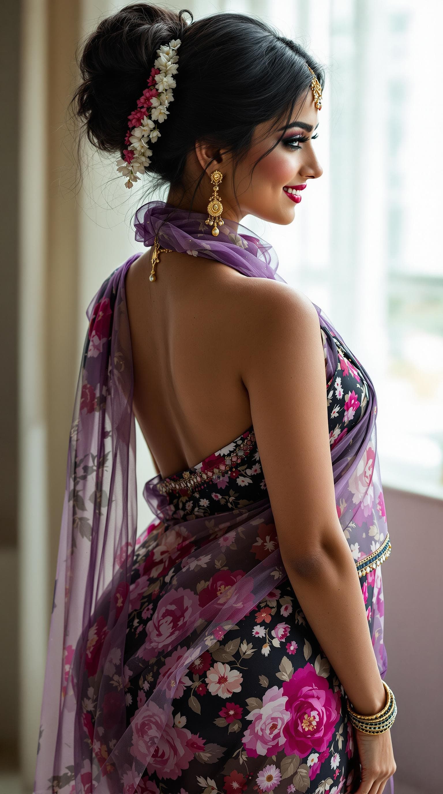 AI generated: a full side front view boobs  realistic looking at her back to the  with sexy smiley face  a slightl...