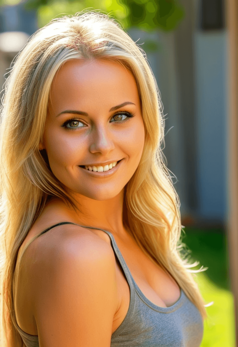 AI generated: HDR photo of woman, long blonde hair, hazel eyes, smiling, from the side, head turned toward the vie...