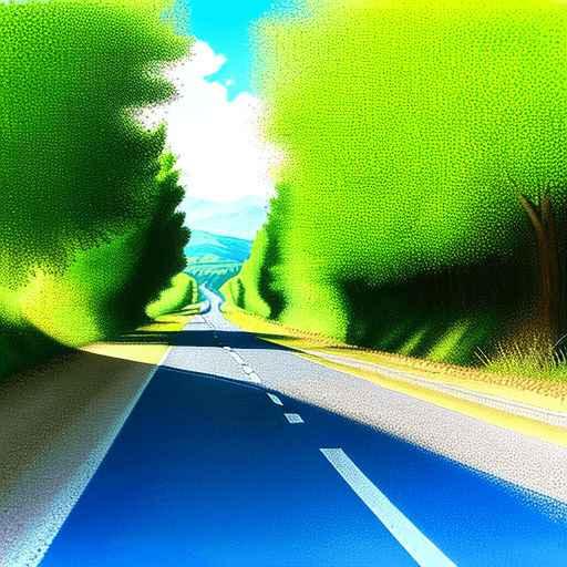 AI generated: empty road as seen by a car driver. Bright sunny day in the countryside.
