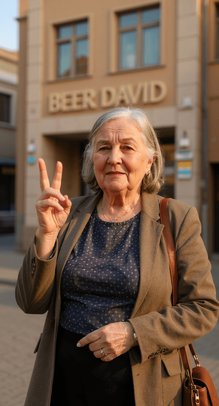 AI generated: A stylish Azerbaijani grandmother, aged 54-59, standing confidently in front of the Beer David Autis...