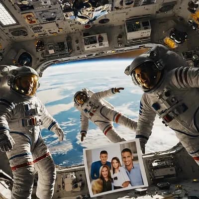 AI generated video: Inside a sunlit space station, three astronauts float effortlessly in zero gravity. They perform gra...