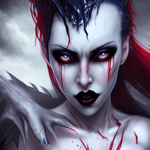 AI generated: beautiful white skin female vampire,dark blue hair,crimson red eyes,charmer,alluring, queen vampires...