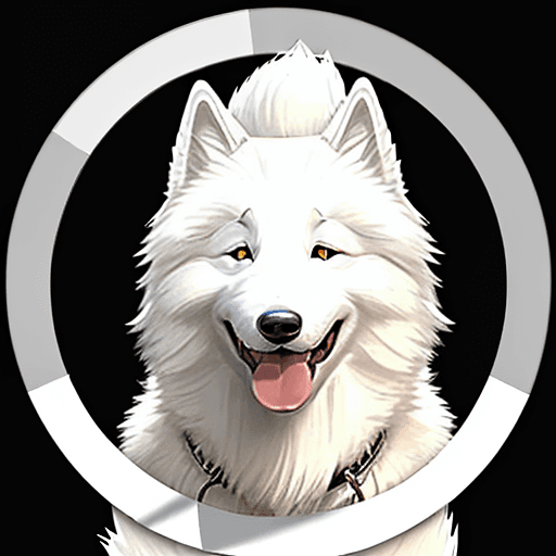 AI generated: smiling/happy white samoyed dog siting far, black background for my phone lockscreen leave some spac...