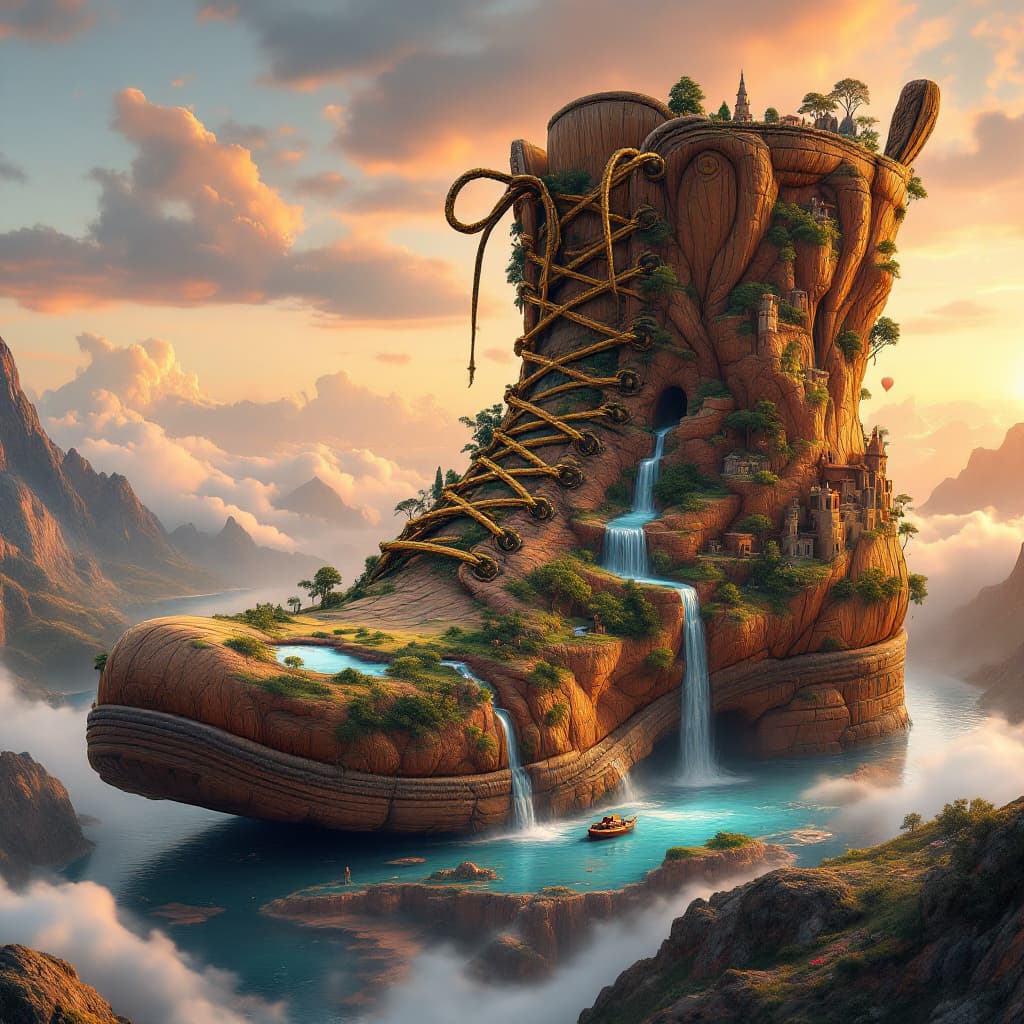 AI generated: Enormous boot-shaped world, vibrant landscape within. Detailed, intricate, fantastical environment, ...