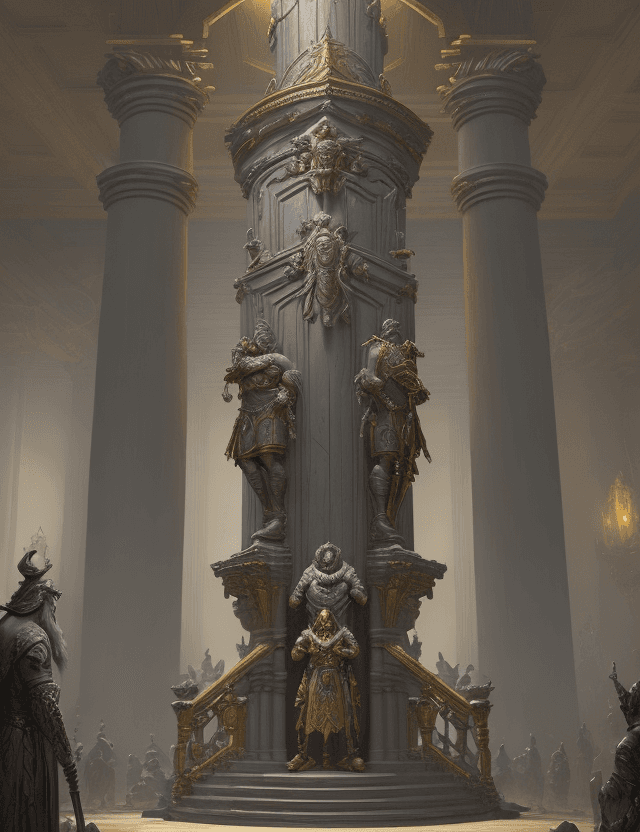 AI generated: antique fantasy dwarf hall, high grey stone columns, tall gold statue of dwarf king by Greg Rutkowsk...