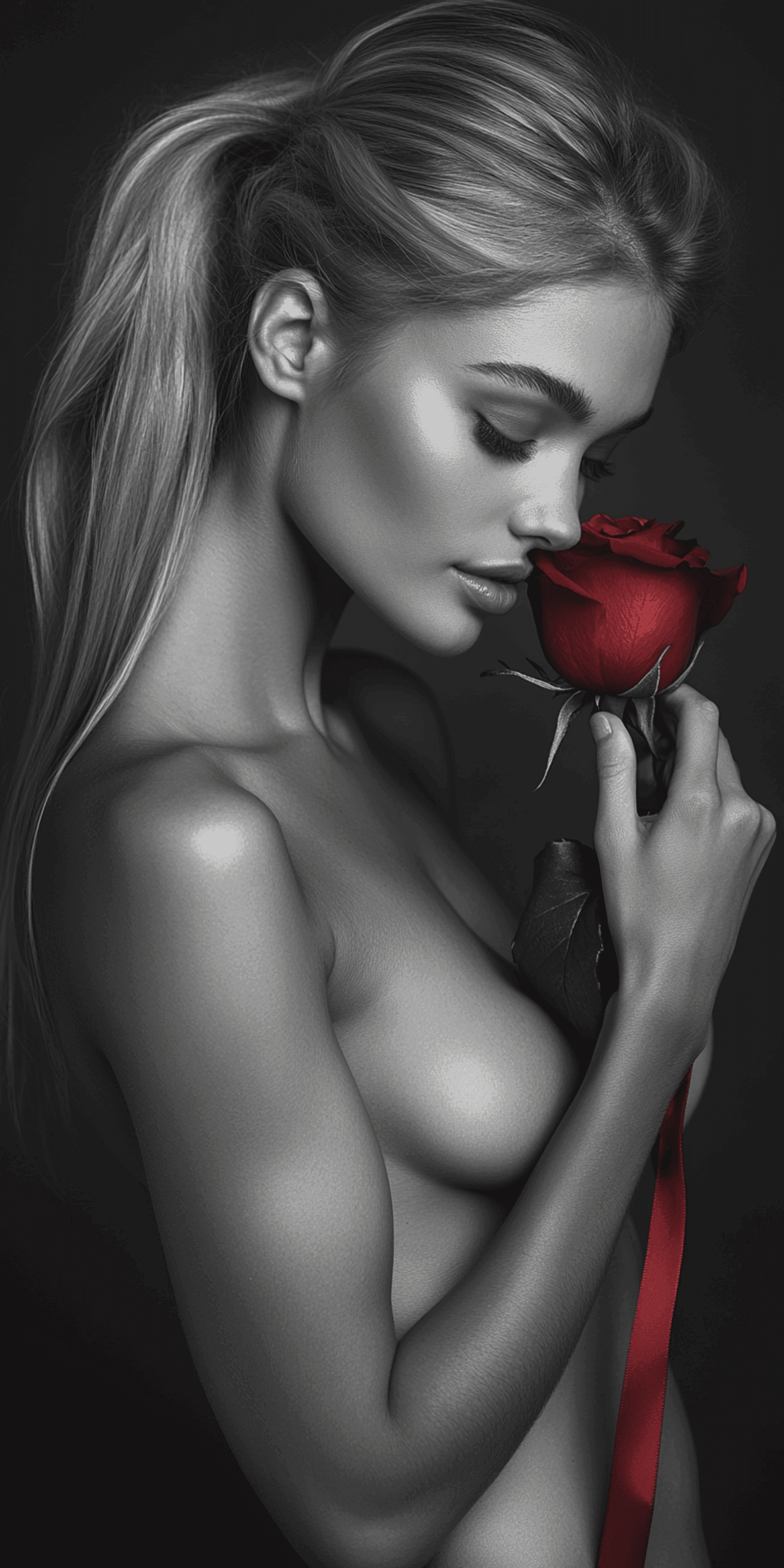 AI generated: A side profile of a graceful, slender woman with long, flowing blonde hair pulled back into a ponyta...