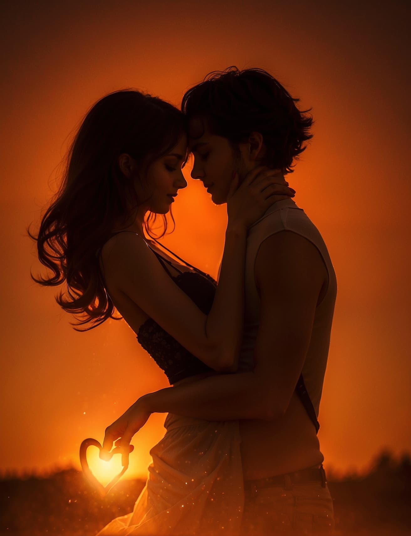 AI generated: Two lovers intertwined in a passionate embrace, their silhouettes illuminated by a warm, orange glow...