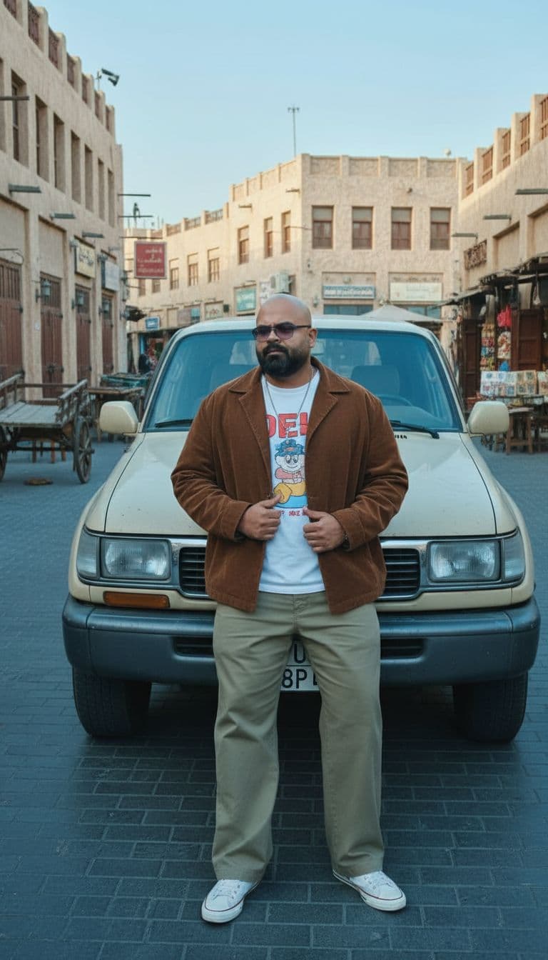 AI generated: Location: Outdoor souq waqif doha qatar

Style: Vintage doha qatar/Casual Y2K.

Outfit: A man si...