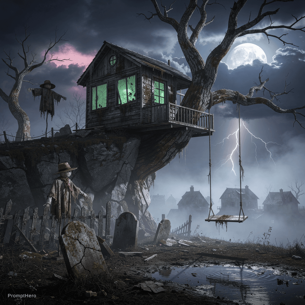 AI generated: RAW photo taken with Canon EOS R5, 35mm lens, f2.8 aperture, real abandoned wooden treehouse built o...