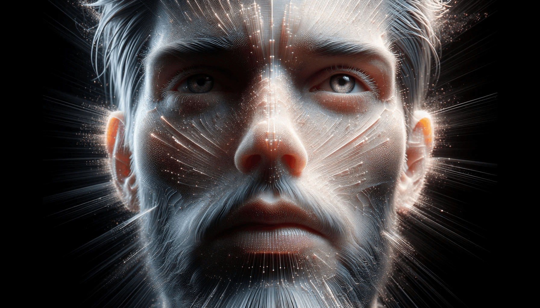 AI generated: Hyper-realistic 3D portrayal of a male face, where the light seems to originate from within his feat...