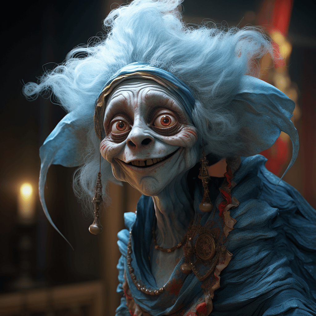 AI generated: a 40 years old woman with blue hair and an ornate clothing, in the style of dynamic and exaggerated ...