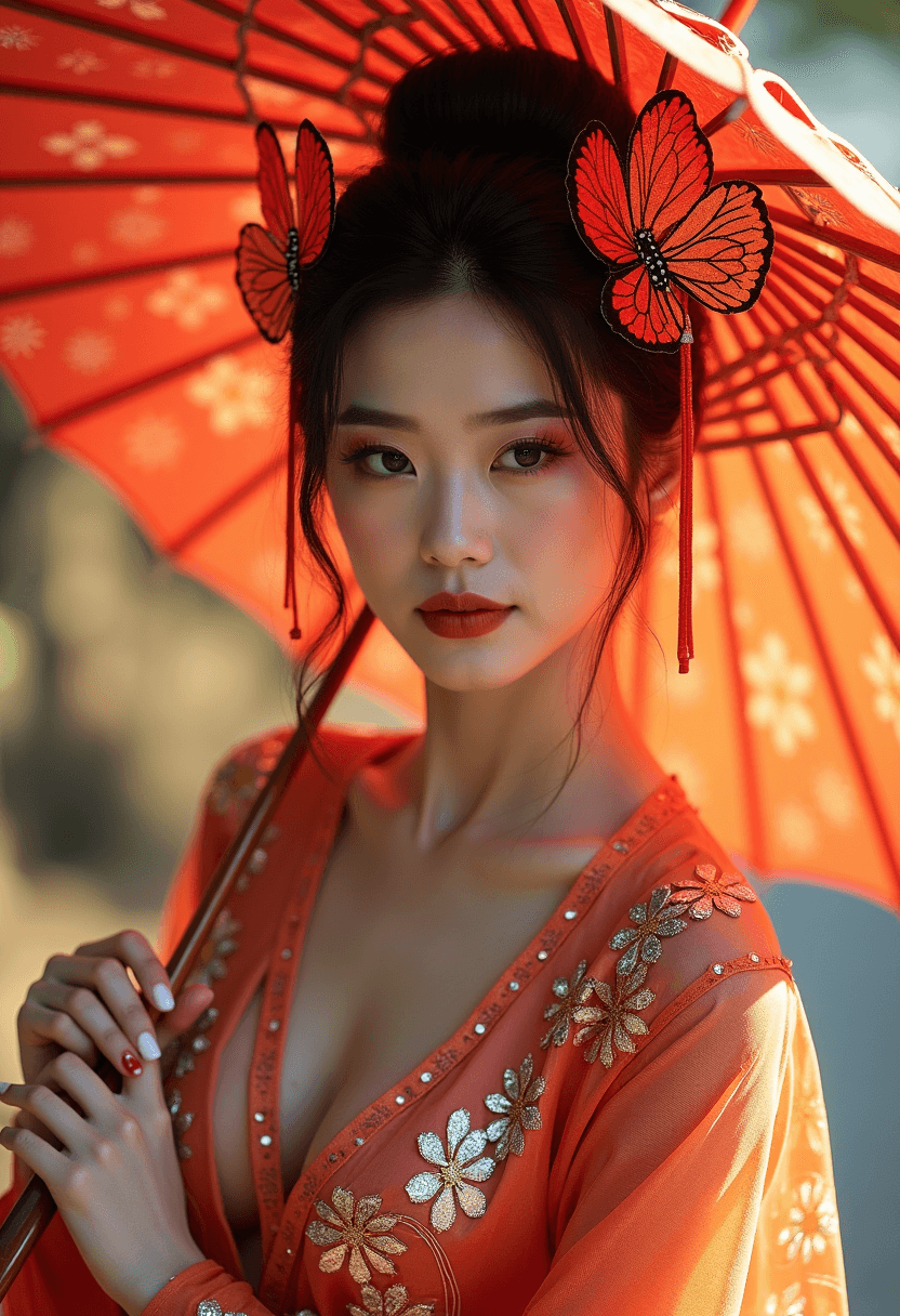 AI generated: A stunningly elegant Japanese woman enchanting beauty and grace in a elegant dress adorned with vibr...
