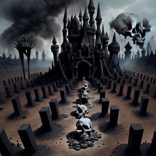 AI generated: a distopic and terrorific land made of  ashes, skulls, bones, esqueletons and more ashes.