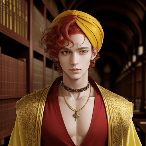 AI generated: portrait of a male cleric inside a temple library, very short curly red hair, lime colored robe, lim...