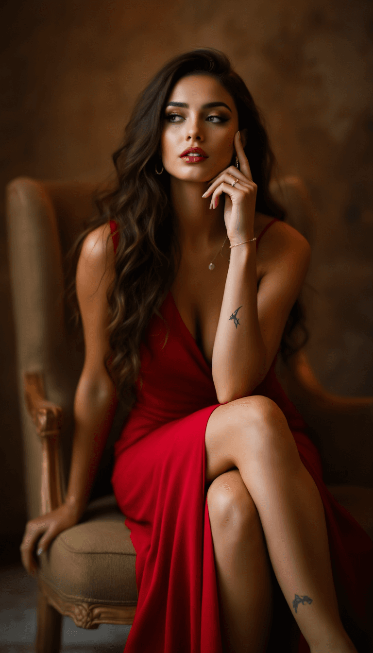 AI generated: Woman seated on chair, wearing long red dress with high slit, left leg bent on seat, right hand touc...