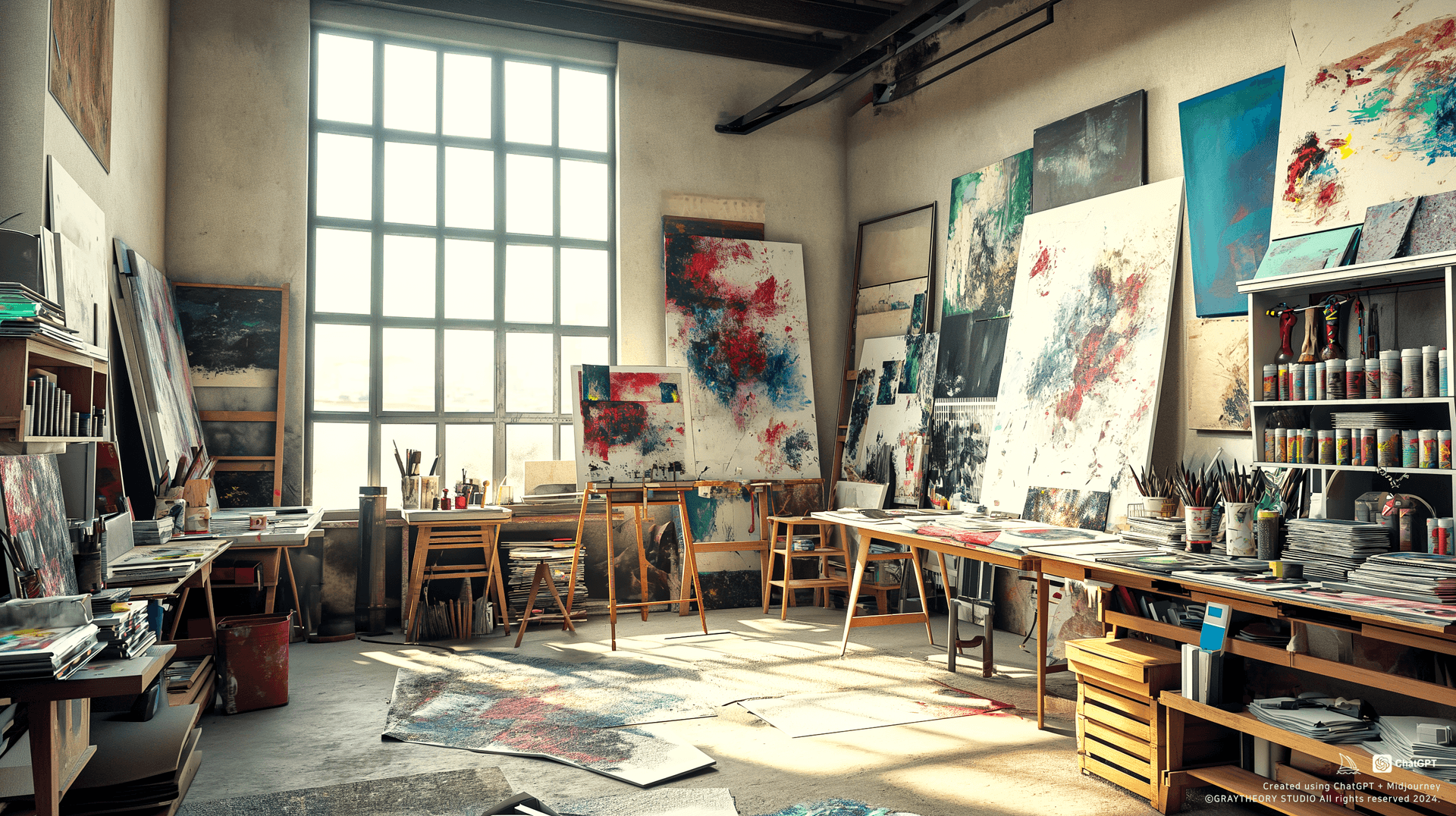 AI generated: artist’s studio, natural light on canvases, a wide-angle shot that encapsulates the creative chaos a...
