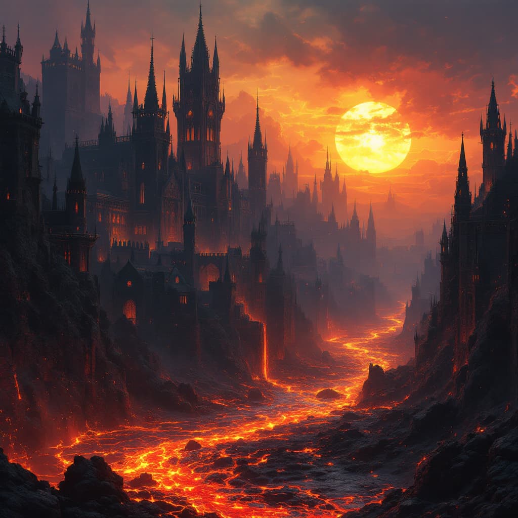 AI generated: Infernal Cityscape: Gothic Architecture at Sunset. A digital painting of a gothic city at sunset wit...