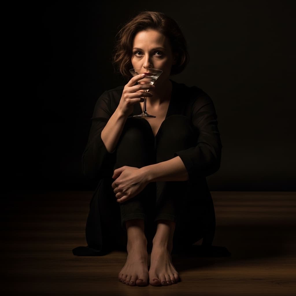 AI generated: a hyper-realistic portrait of an amazingly beautiful lady, sitting in a dark room, sipping on a mart...
