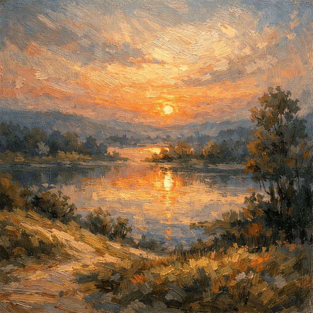 AI generated: Create a beautiful landscape that looks human made -- add brush strokes, whatever you can to give it...