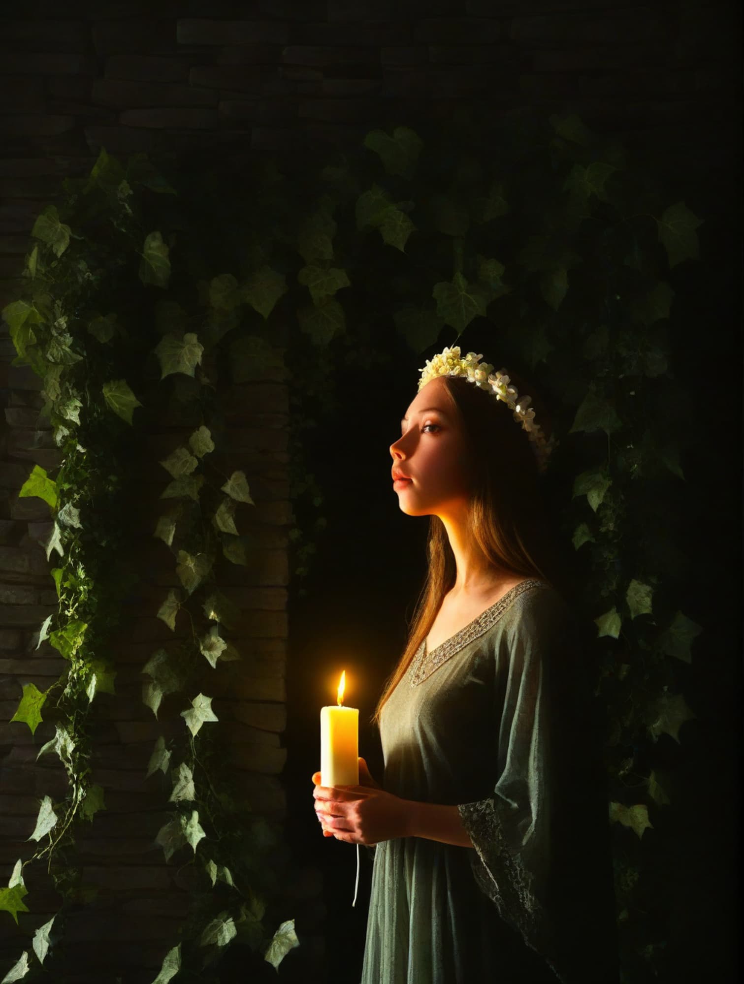 AI generated: From below view. Low warm backlight, misty scene of a woman with long hair with flowers crown, she s...
