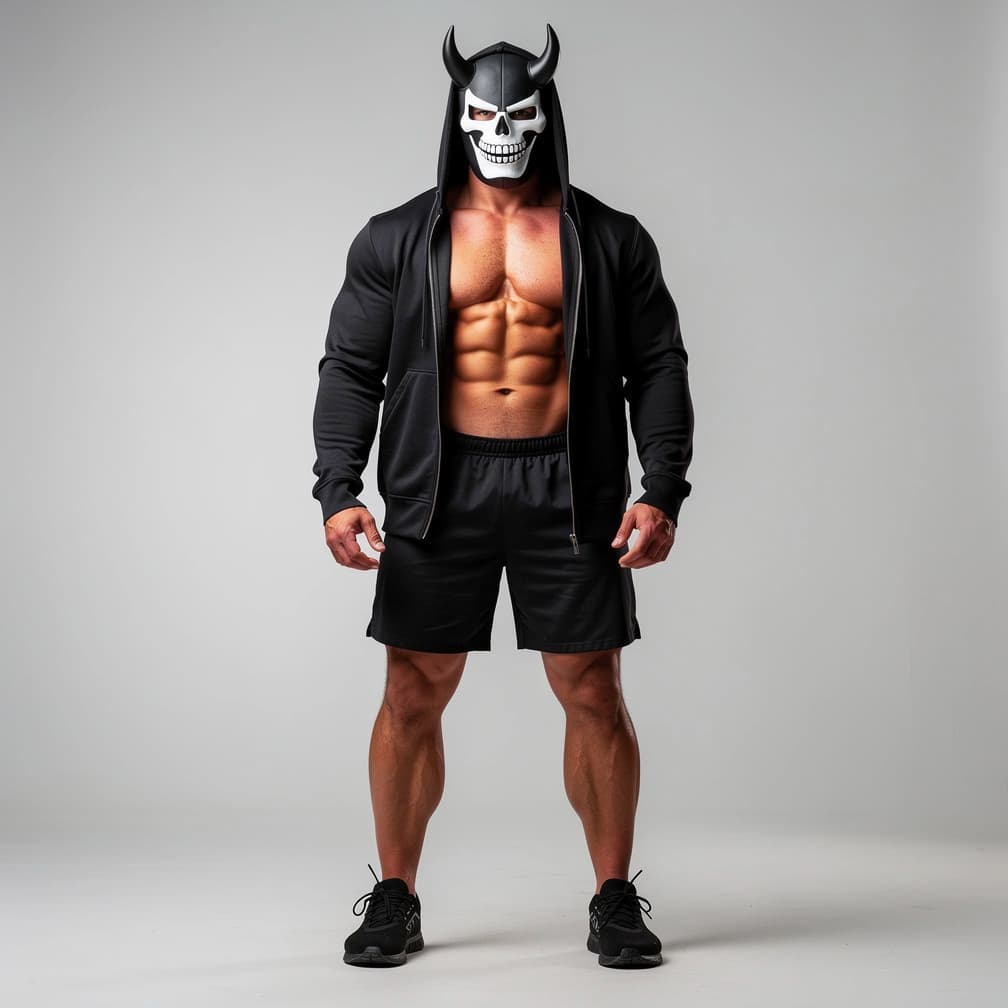 AI generated: A big muscular man wearing black short shorts and a black fully unzipped jacket with a hood that has...