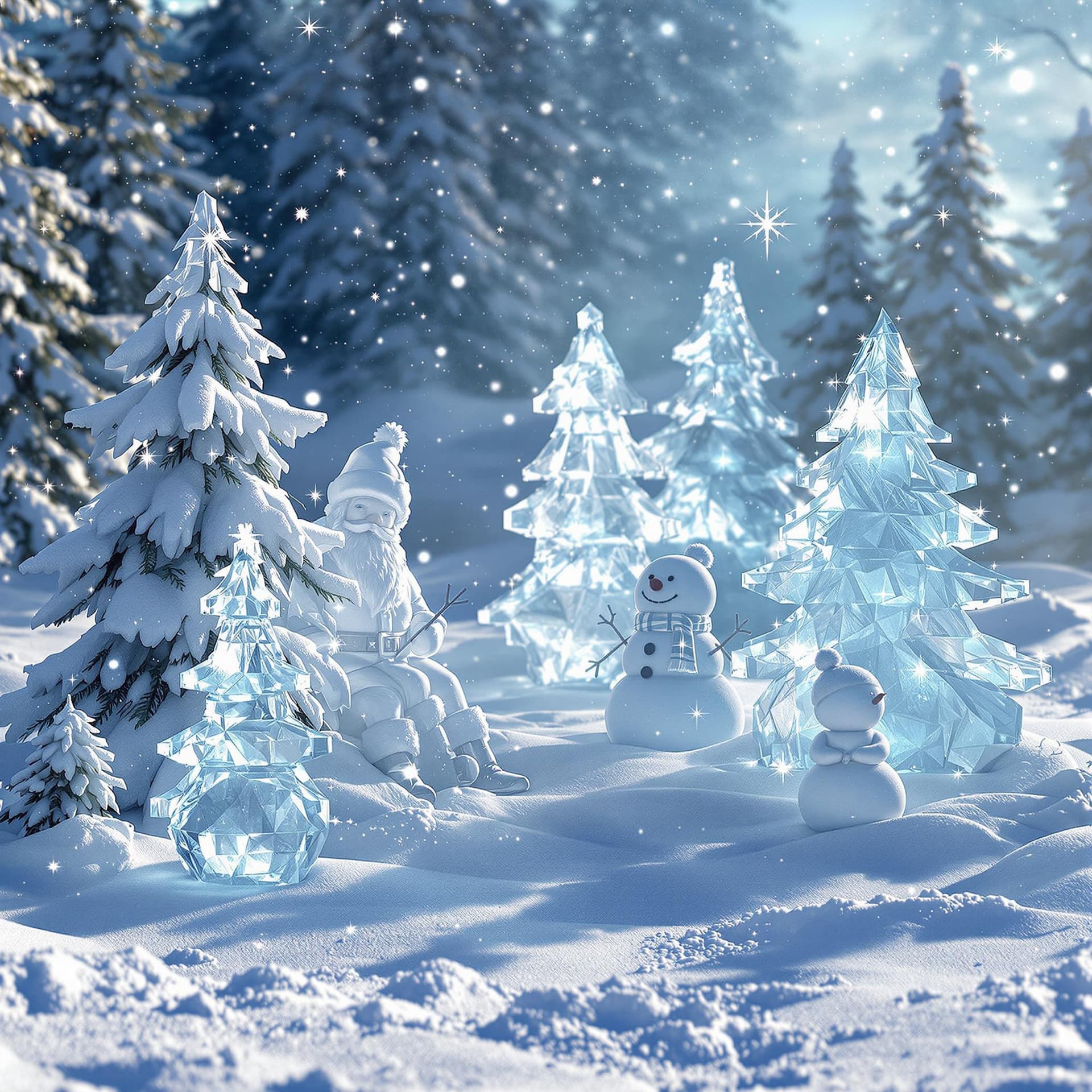 AI generated: 3D render of a photorealistic image of an ice town, ice fairy sculptures of Santa, snowman, Christma...