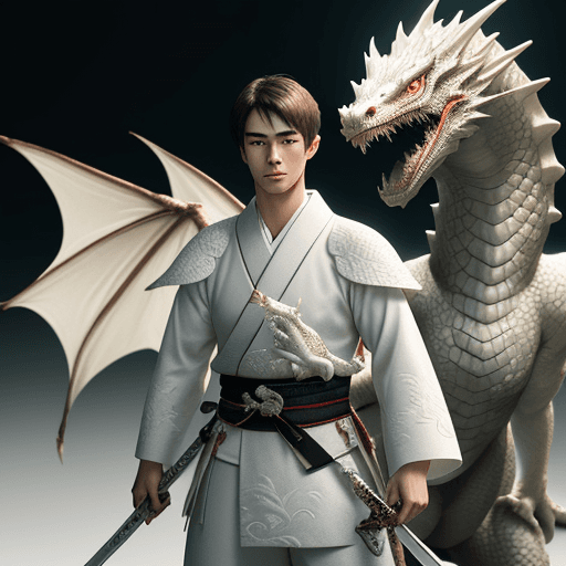 AI generated: A young man, 25 years old, holding a sword, dressed in traditional Japanese white attire, with a coo...