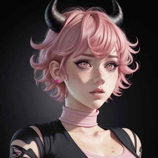 AI generated: anime style, Handsome woman with pink medium short curly hair, freckles, revealing her big deep pink...