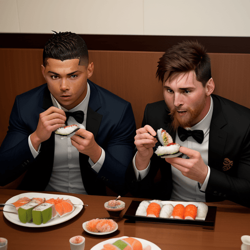 AI generated: Ronaldo and messi eating Sushi
