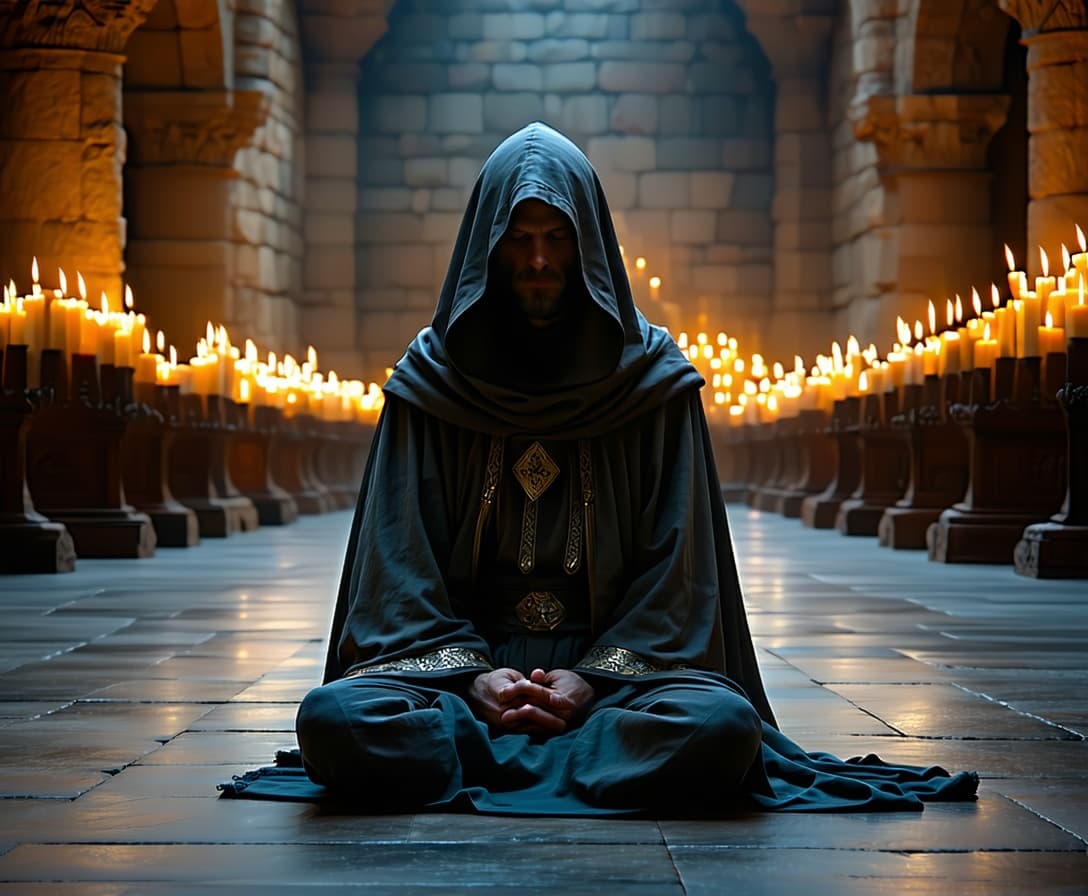 AI generated: A hooded Gregorian monk sits in meditative silence. On the walls, candles flicker along the gothic s...