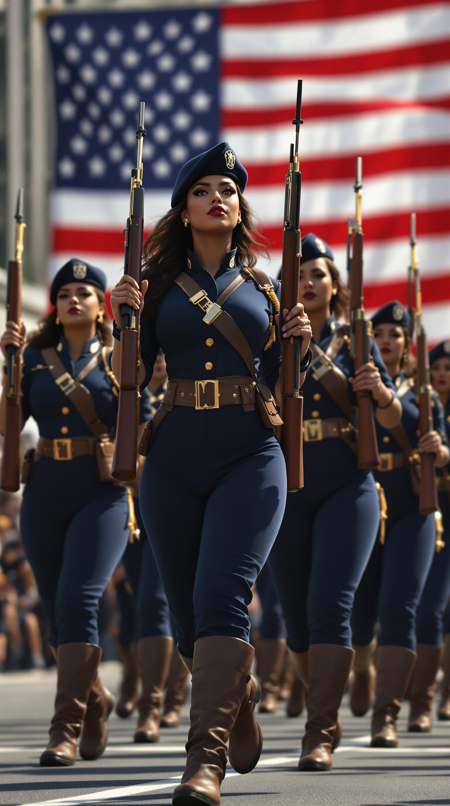 AI generated: A group of curvy and confident female soldiers marching in perfect formation in a United States mili...