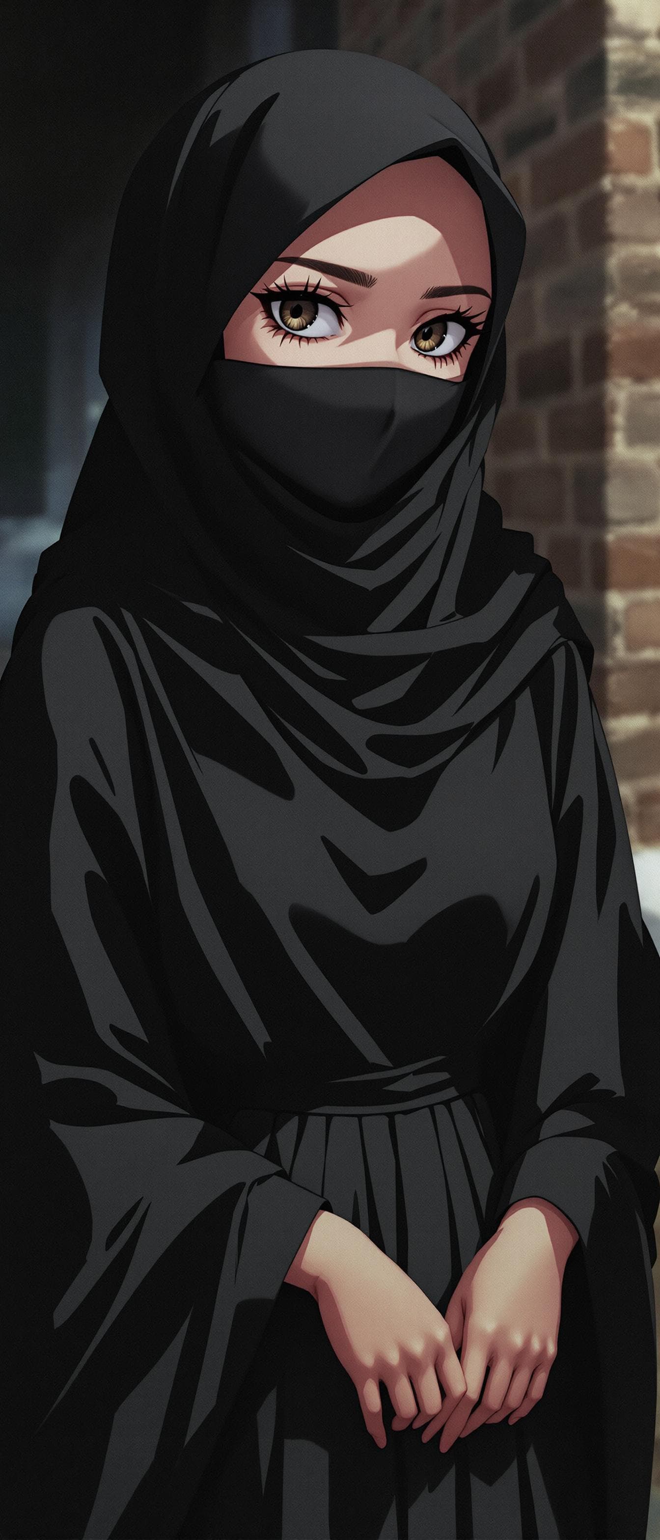 AI generated: manga anime, wearing a black hijab with the covering face like a Arabian woman in black clothes, sim...